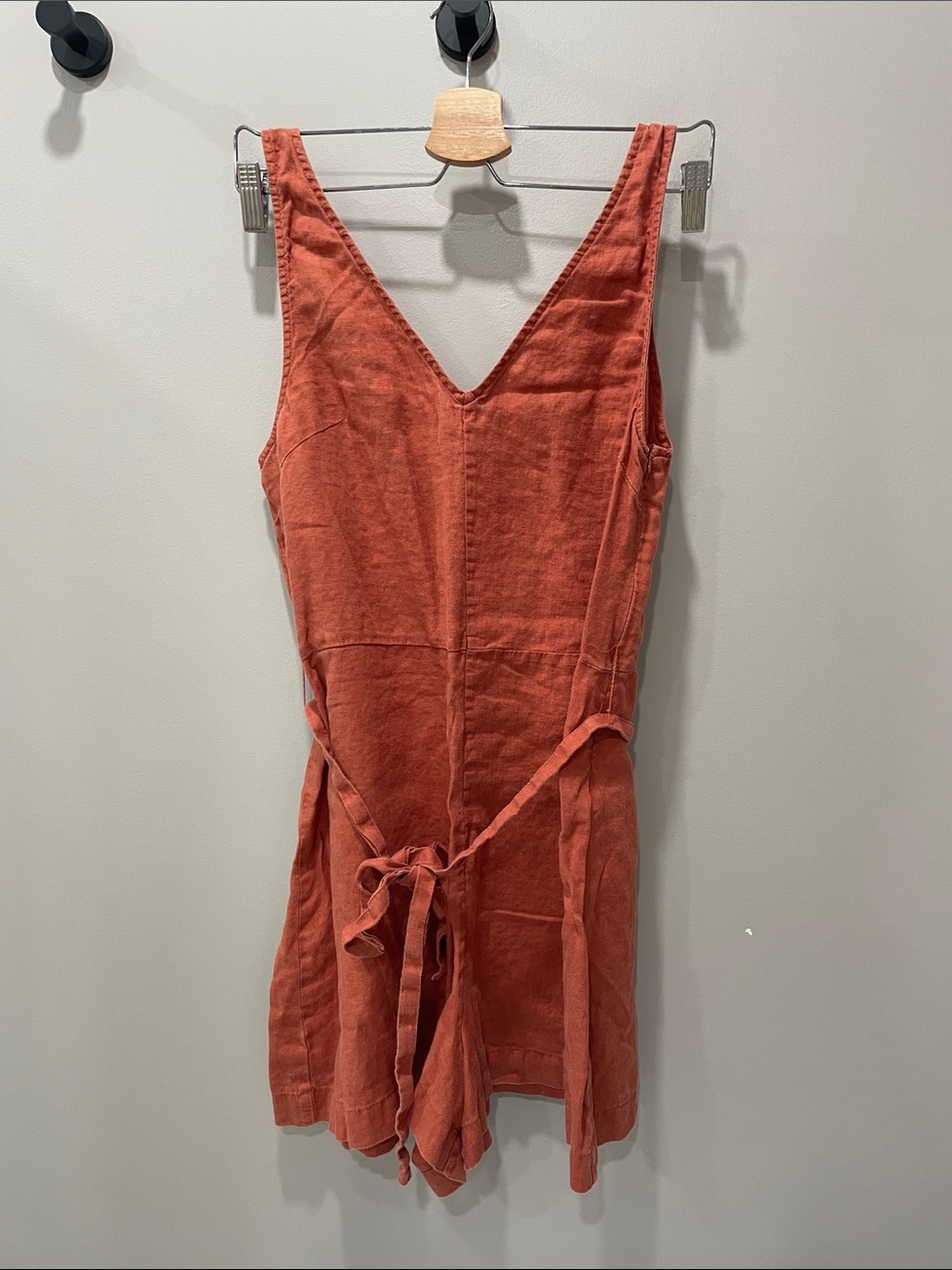 Rust V-Neck Linen Romper with Waist Tie